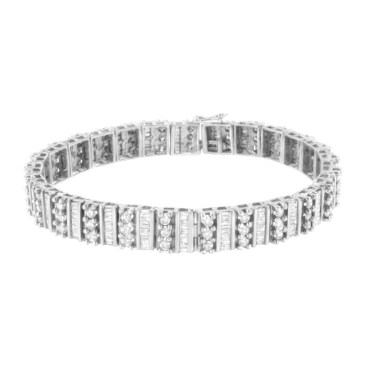 White metal bracelet with alternating rows of round white gemstones in prong settings and baguette-shaped white gemstones in channel settings, shown from a front angle.