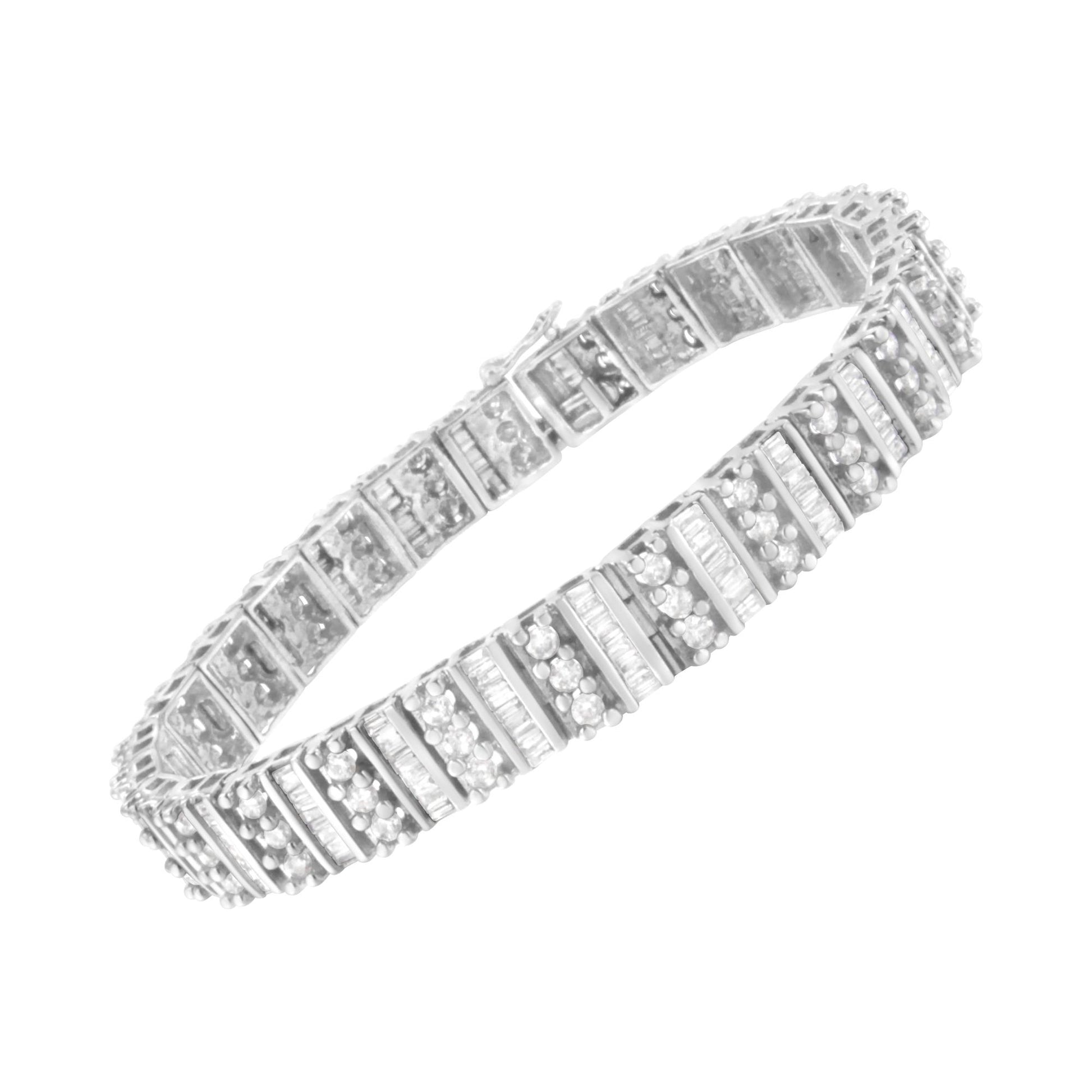 White metal bracelet with alternating rows of round prong-set white gemstones and baguette channel-set white gemstones, shown at a slight angle.