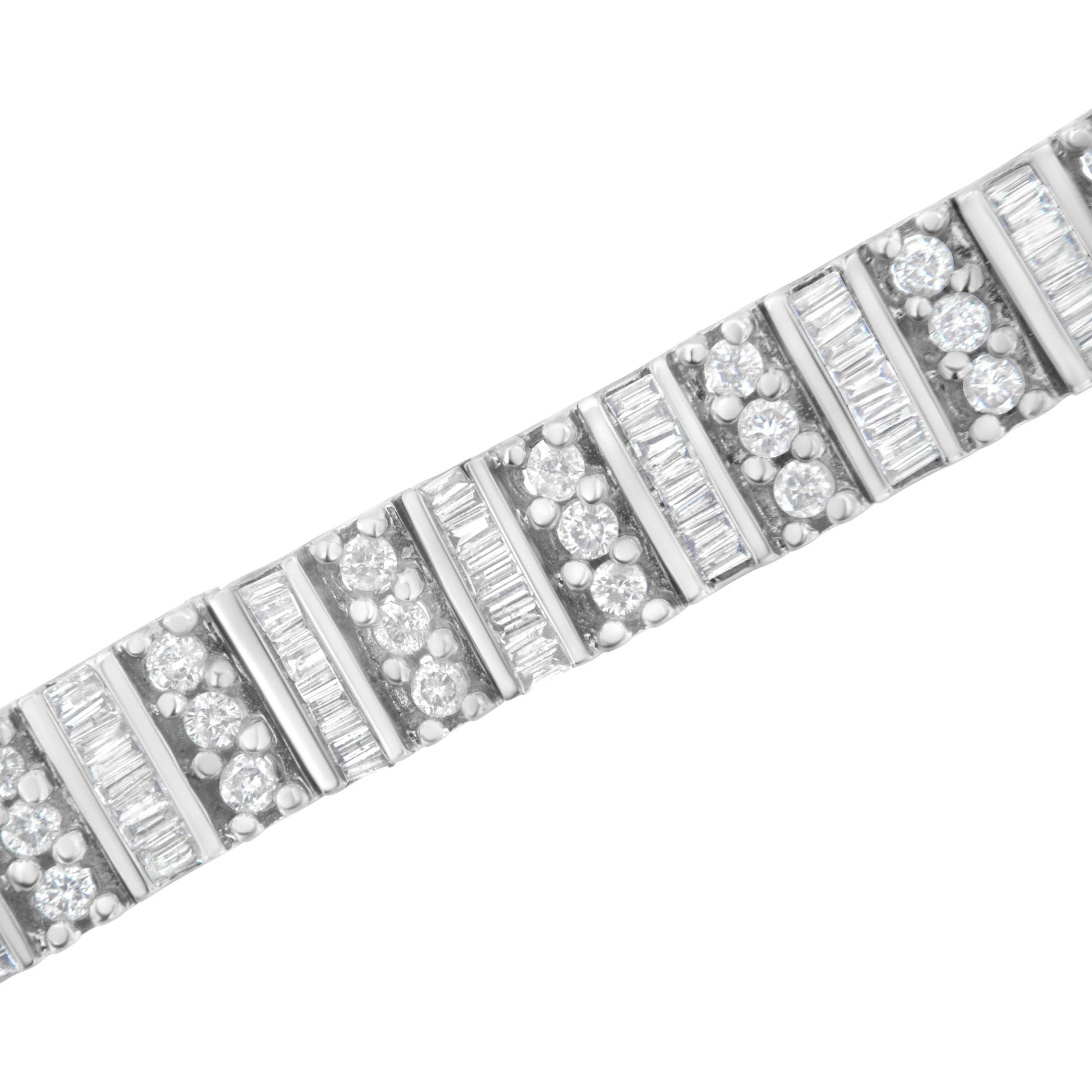 Close-up angled view of a white bracelet featuring alternating sections of round prong-set white gemstones and baguette channel-set white gemstones.