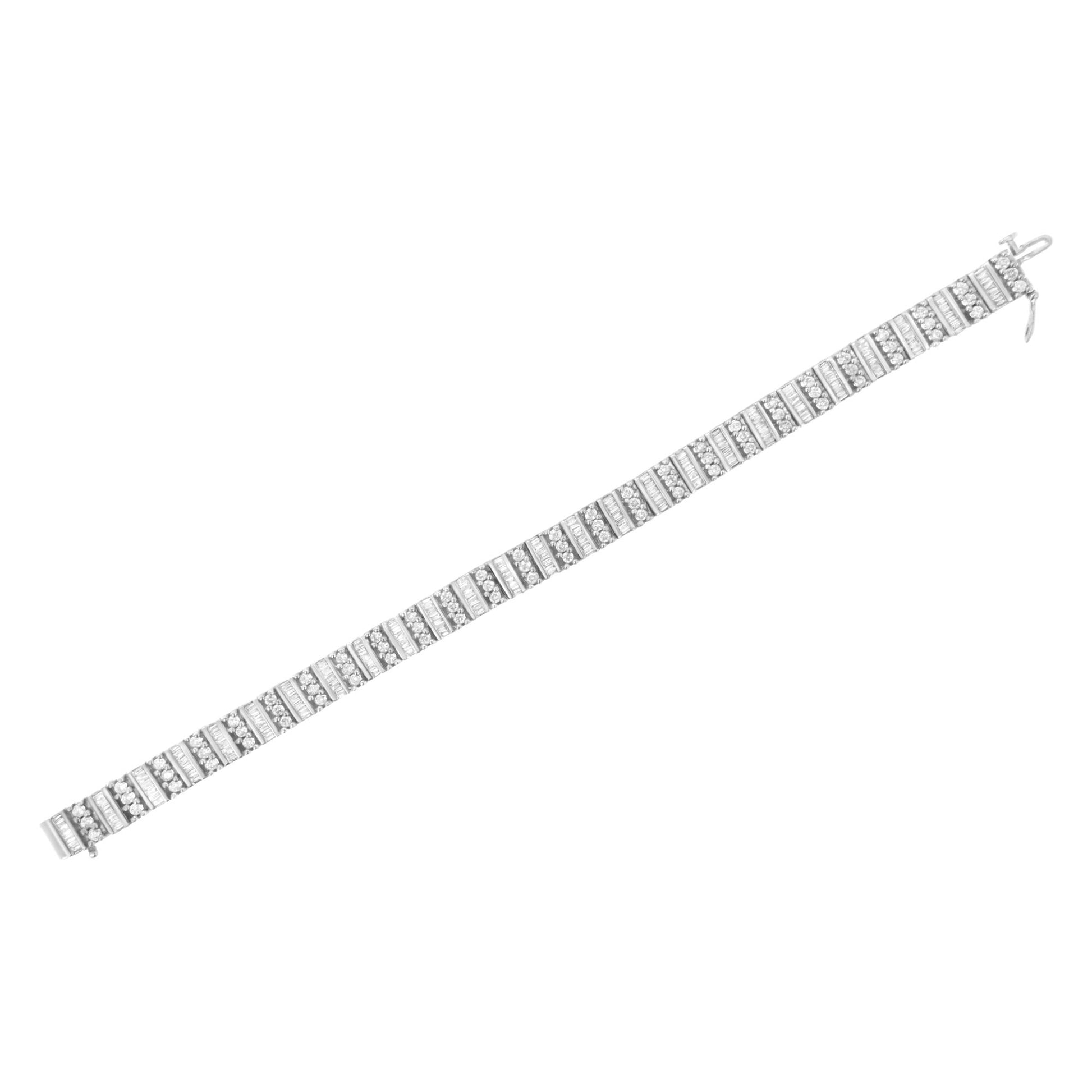 White metal bracelet with alternating rows of round prong-set white gemstones and baguette channel-set white gemstones, shown flat from a top angle.