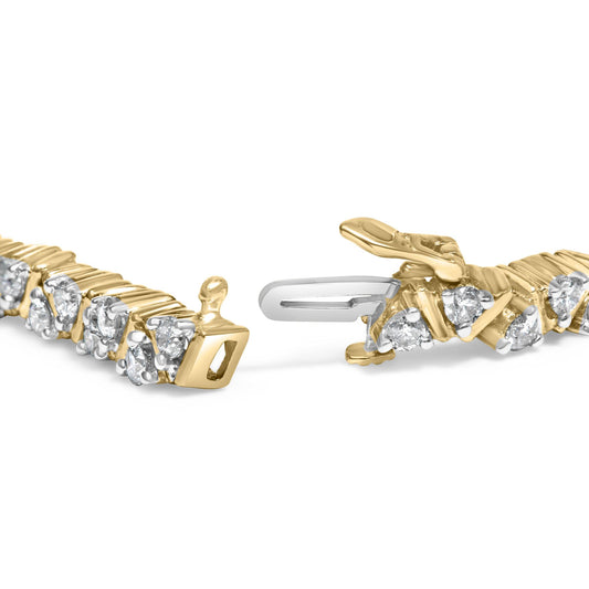 Close-up front angle of a yellow bracelet with round white gemstones in 3-prong settings, showing the clasp open.
