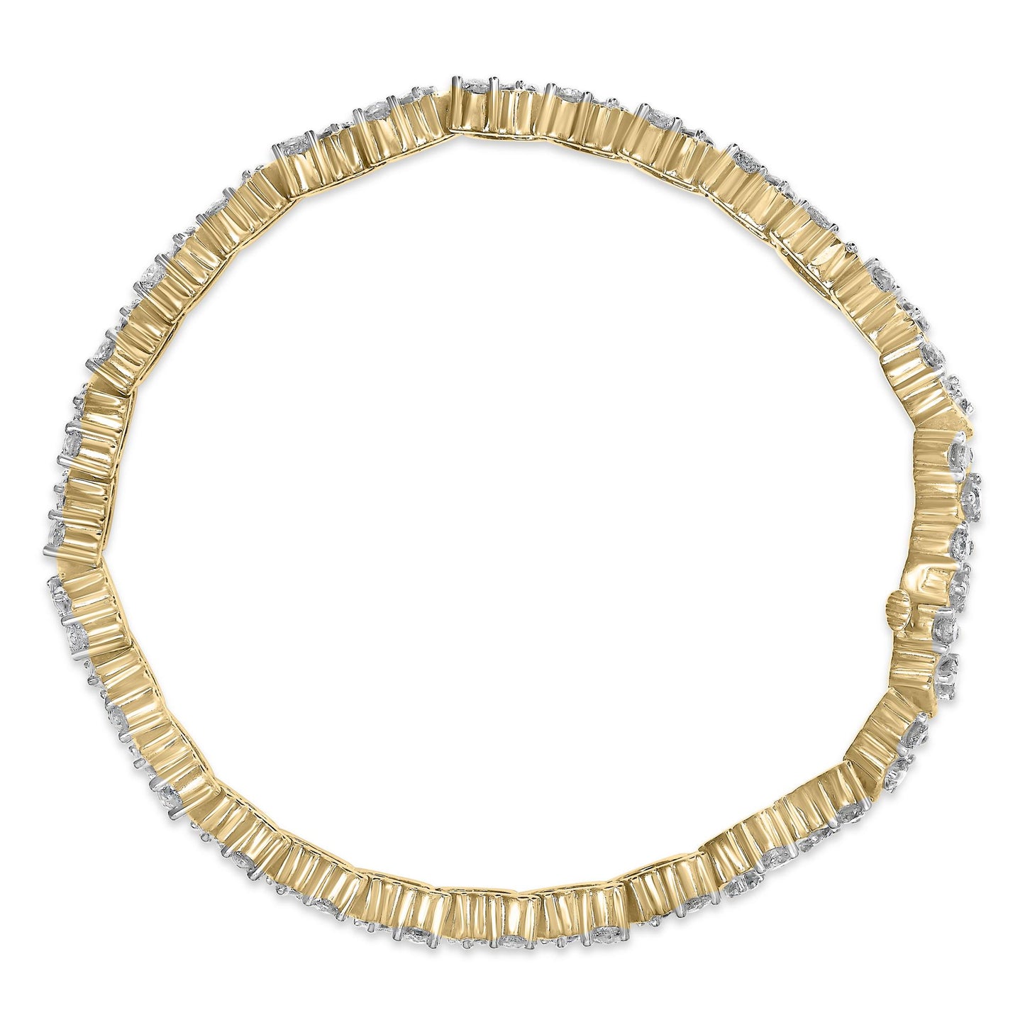 Top-down view of a yellow metal bracelet with round white gemstones in three-prong settings encircling the band.