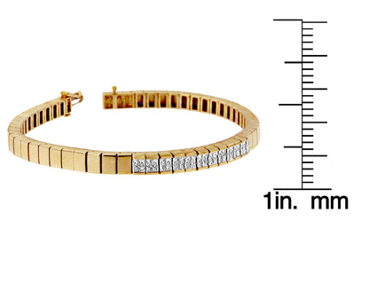 Yellow bracelet with a row of white princess-cut gemstones in an invisible setting, shown angled above a ruler for size reference.