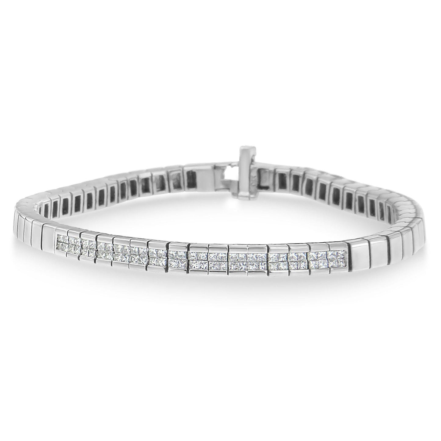 White metal bracelet with a row of princess-shaped white gemstones in an invisible setting, front angle.