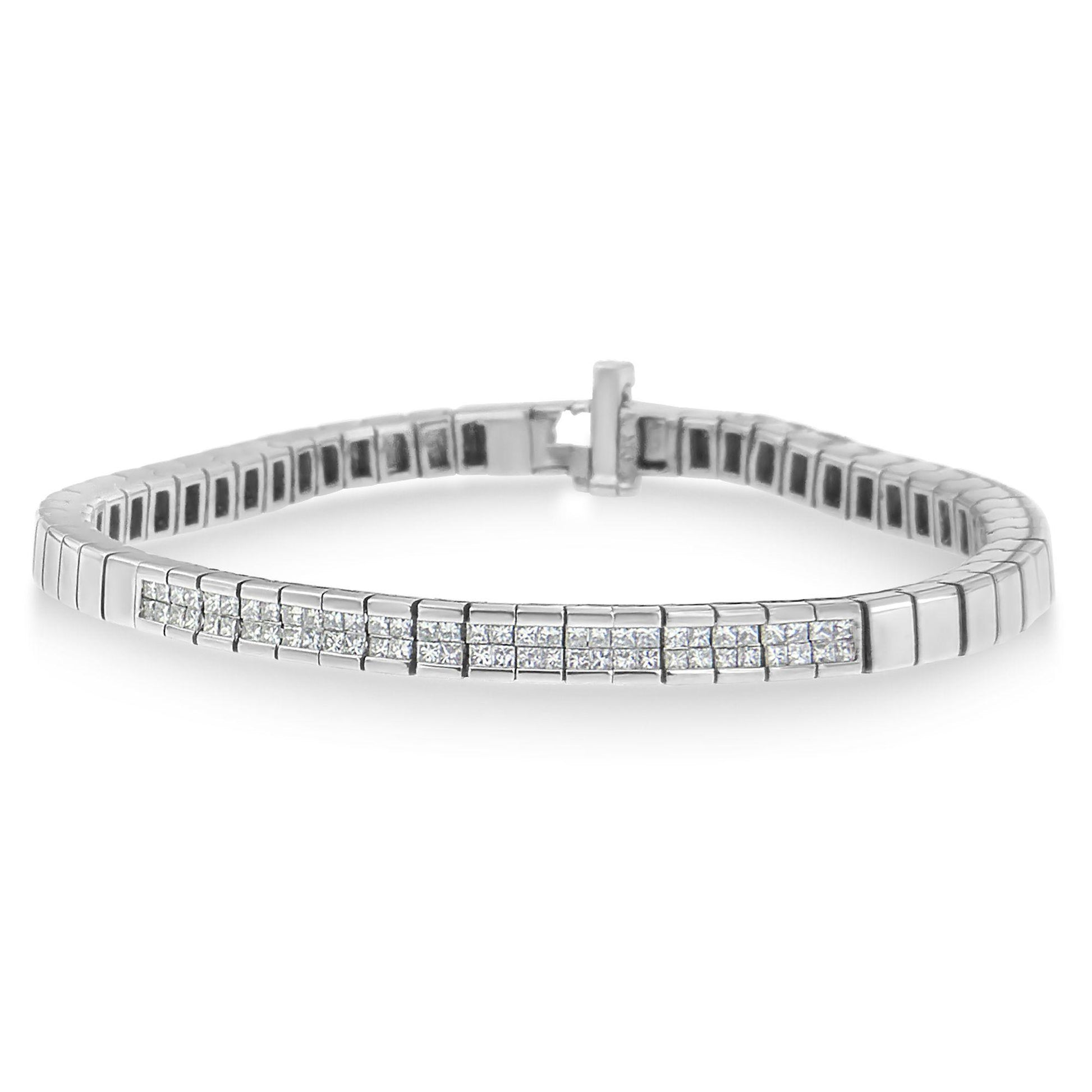 White metal bracelet with a row of princess-shaped white gemstones in an invisible setting, front angle.