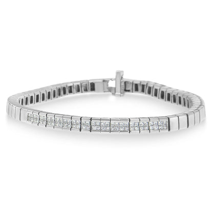 White metal bracelet with a row of princess-shaped white gemstones in an invisible setting, front angle.