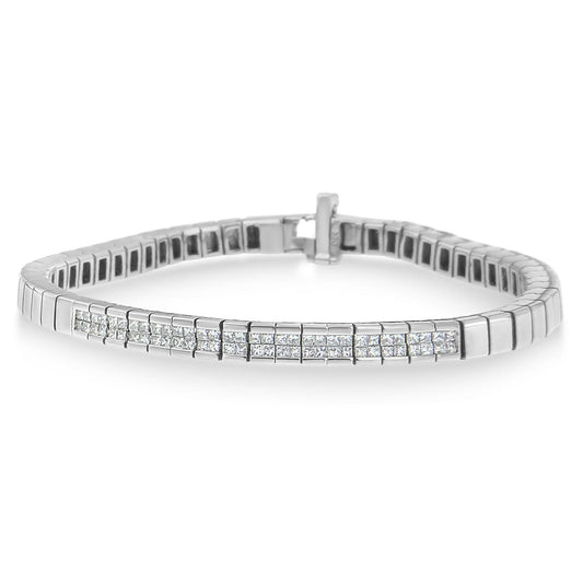 White metal bracelet with a row of princess-shaped white gemstones in an invisible setting, front angle.