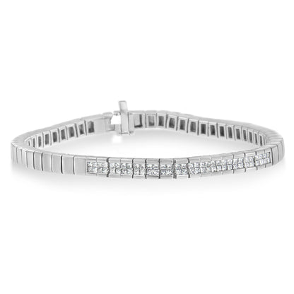 White metal bracelet with two rows of square white gemstones in invisible setting, shown in a front-facing angled view.