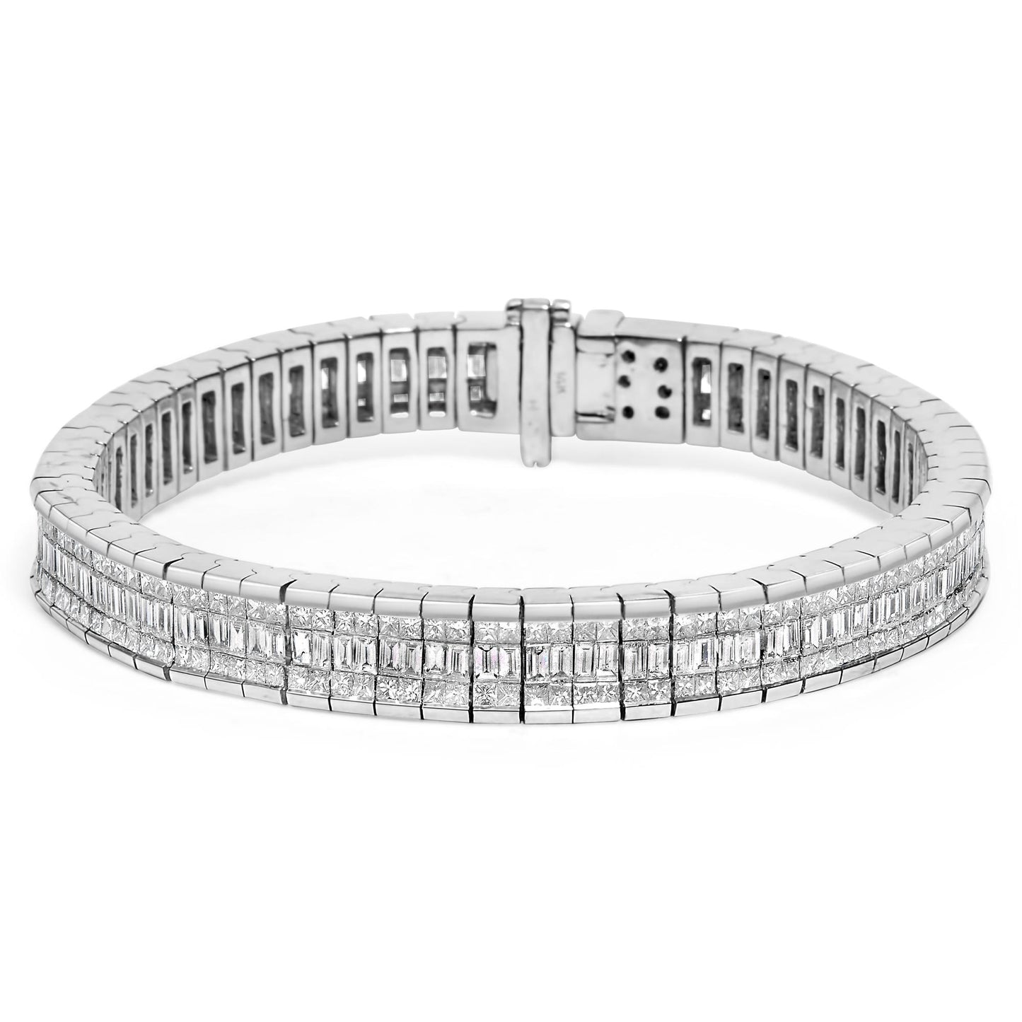 Close-up front angle of a white metal bracelet with rows of rectangular and square white gemstones in channel and invisible settings.