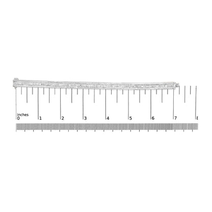 White bracelet with two rows of white baguette-shaped gemstones in channel setting and two rows of white princess-shaped gemstones in invisible setting, shown flat on a scale, front view.