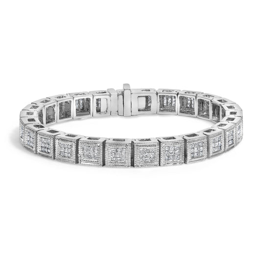 White bracelet with square links featuring clusters of white gemstones in an invisible setting, shown from a front angle on a white background.