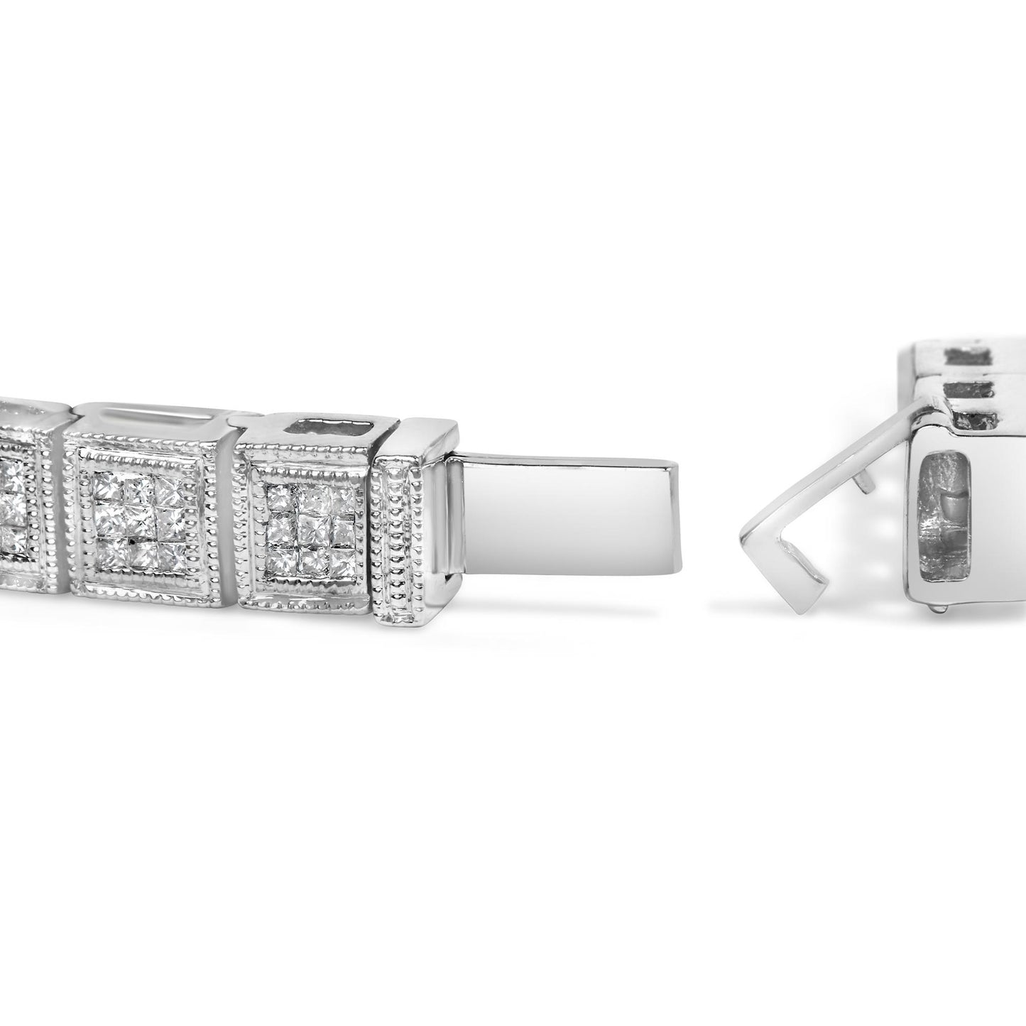 Close-up of a white metal bracelet with square links featuring princess-shaped white gemstones in an invisible setting, shown from a side angle with the clasp open.