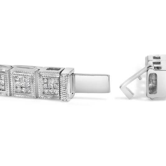 Close-up of a white metal bracelet with square links featuring princess-shaped white gemstones in an invisible setting, shown from a side angle with the clasp open.