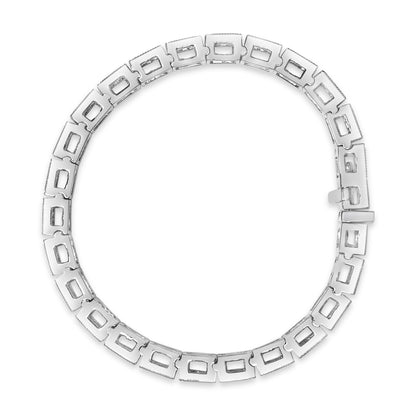 Top-down view of a white metal bracelet composed of linked square-shaped segments, each featuring an invisible setting with white princess-shaped gemstones.