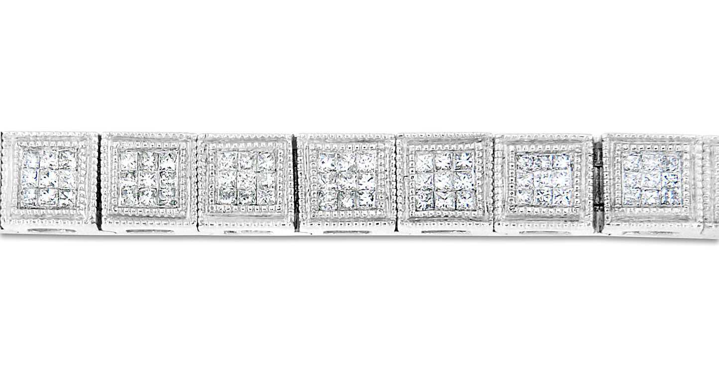 Close-up front view of a white bracelet featuring square links with clusters of white gemstones in a princess shape and invisible setting.