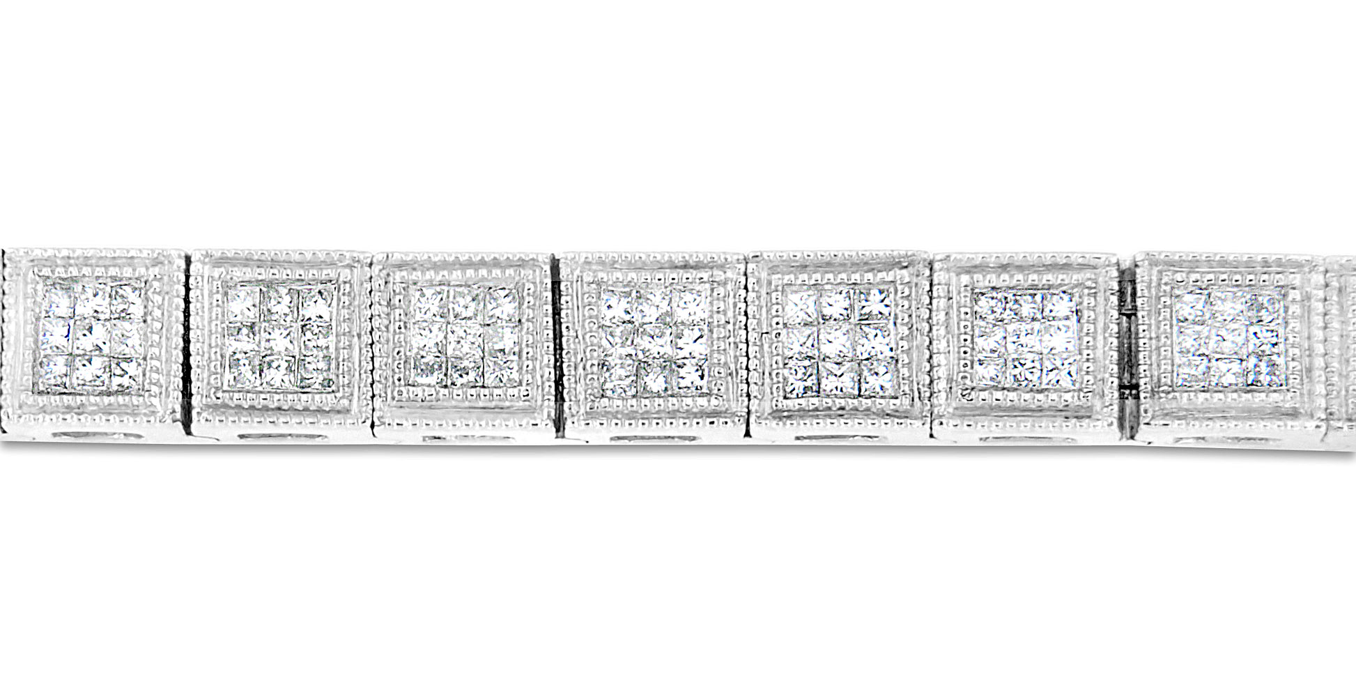 Close-up front view of a white bracelet featuring square links with clusters of white gemstones in a princess shape and invisible setting.