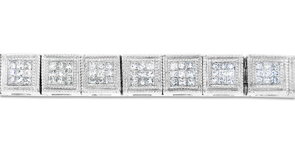 Close-up front view of a white bracelet featuring square links with clusters of white gemstones in a princess shape and invisible setting.