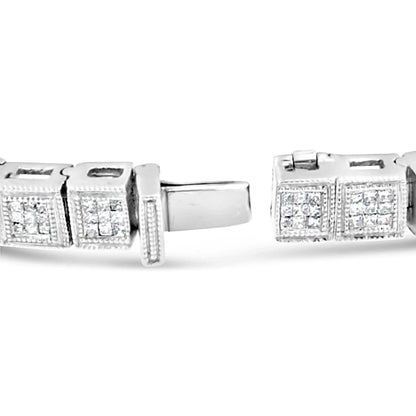 Close-up front angle of a white bracelet with square links, each set with small white gemstones in an invisible setting.