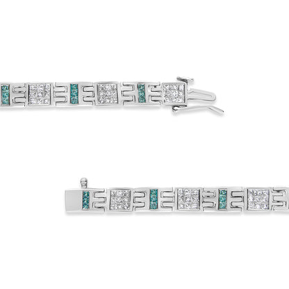 Close-up front view of a white bracelet with alternating square clusters of white gemstones in invisible settings and vertical rows of blue gemstones in channel settings, with clasp visible on one end.