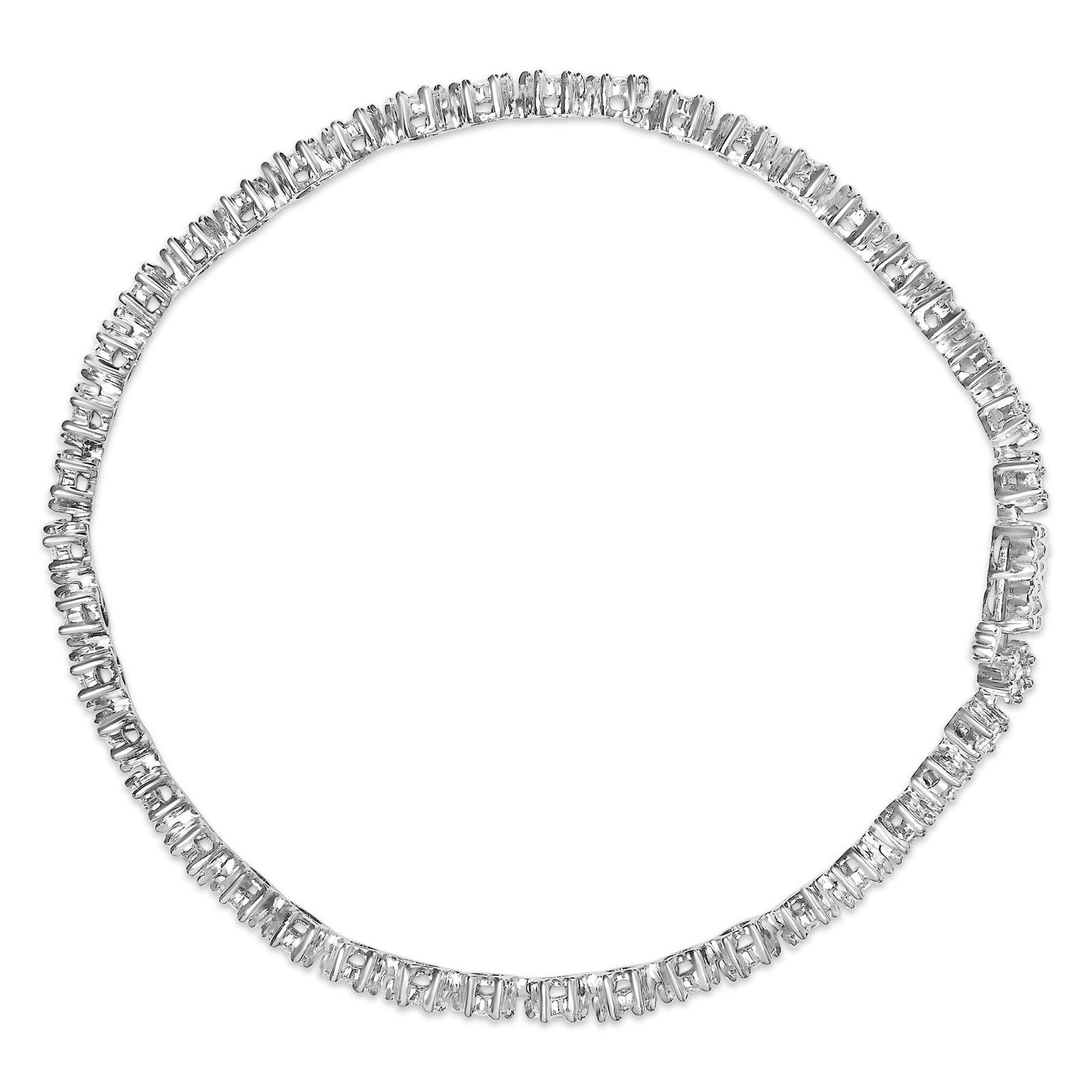 Top-down view of a white bracelet featuring a continuous row of round white gemstones in prong settings.