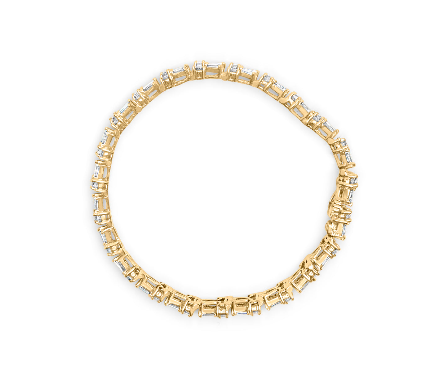 Top-down view of a yellow bracelet featuring white round gemstones in prong settings alternating with white baguette gemstones in channel settings.