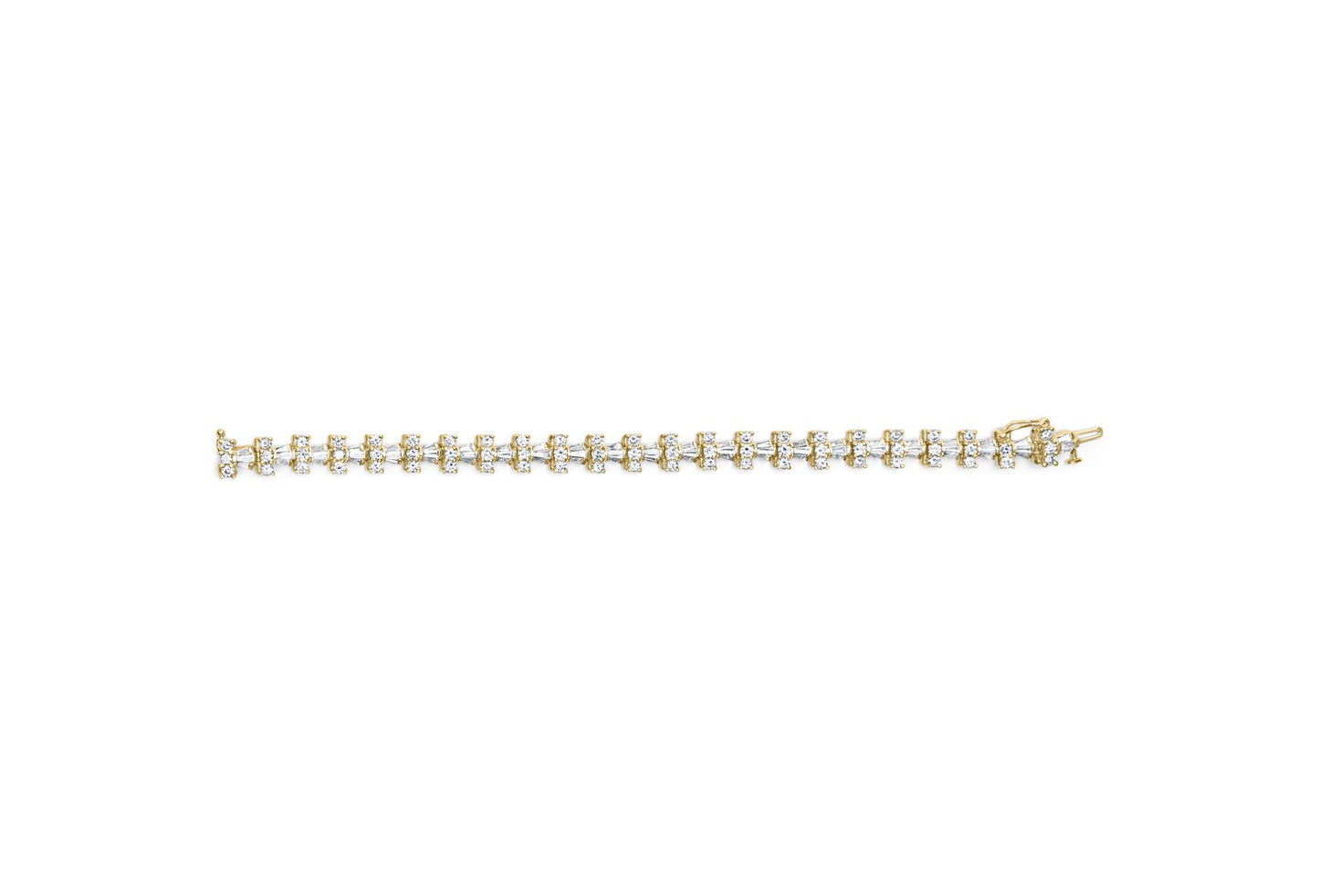 Yellow metal bracelet with alternating prong-set round white gemstones and channel-set baguette white gemstones, shown flat from a top-down angle.