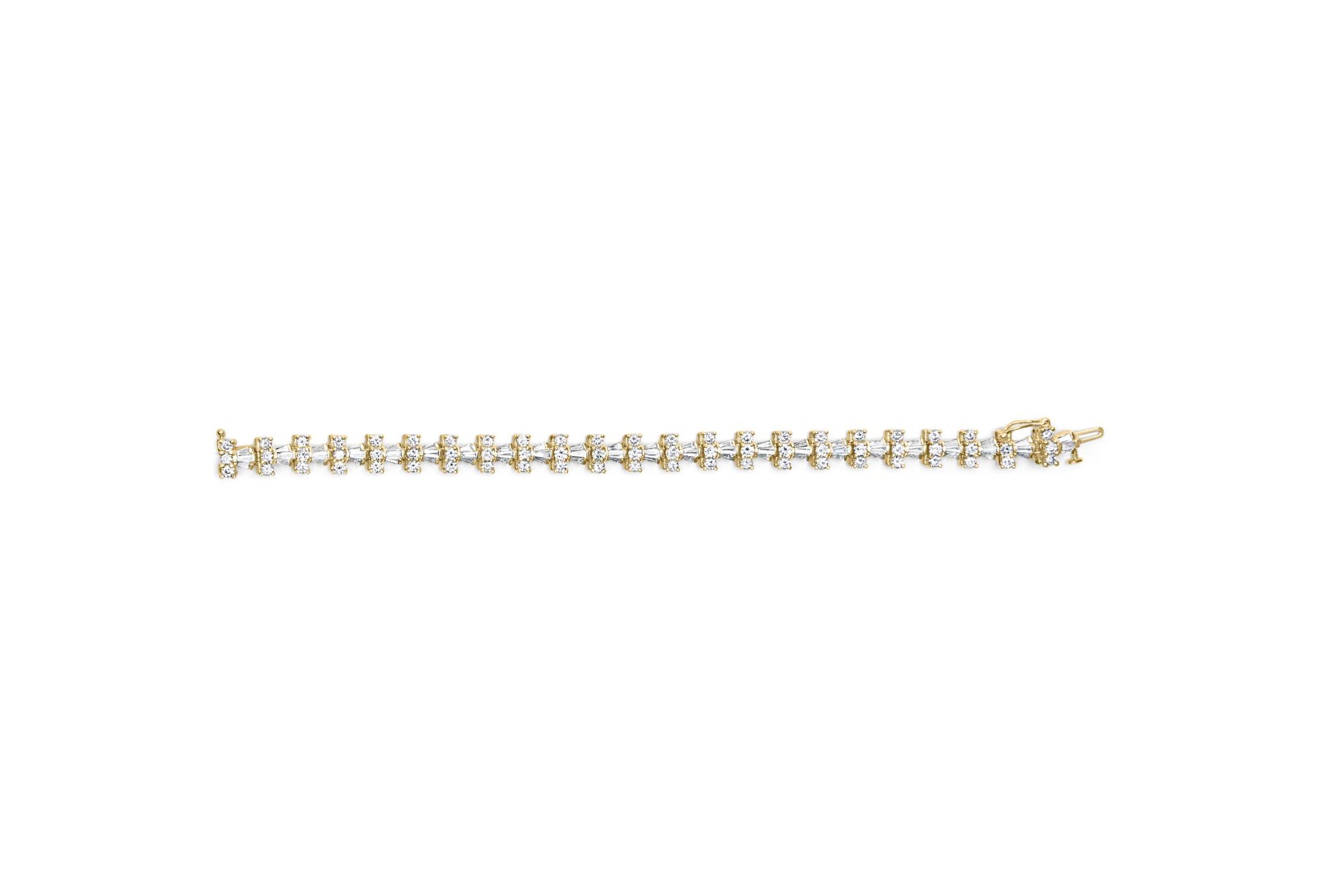 Yellow metal bracelet with alternating prong-set round white gemstones and channel-set baguette white gemstones, shown flat from a top-down angle.