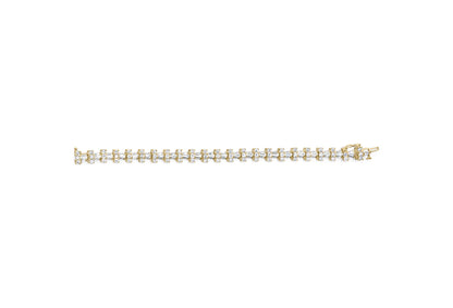 Yellow metal bracelet with alternating prong-set round white gemstones and channel-set baguette white gemstones, shown flat from a top-down angle.