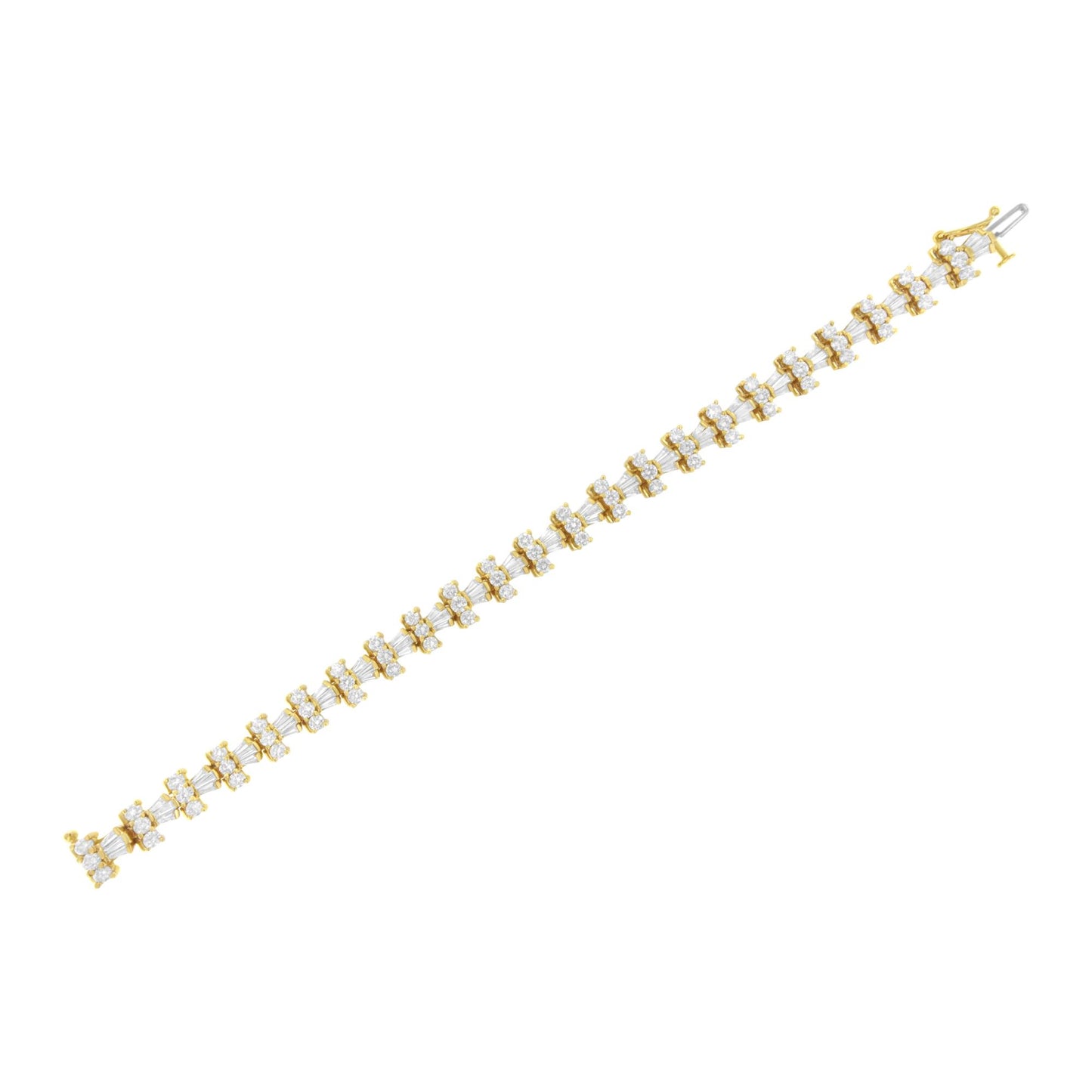 Yellow bracelet with alternating round white gemstones in prong settings and baguette white gemstones in channel settings, shown in a flat lay angled shot.