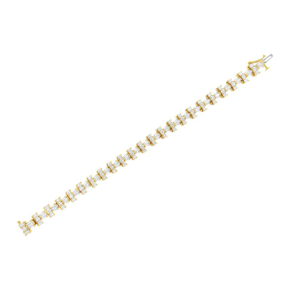 Yellow bracelet with alternating round white gemstones in prong settings and baguette white gemstones in channel settings, shown in a flat lay angled shot.