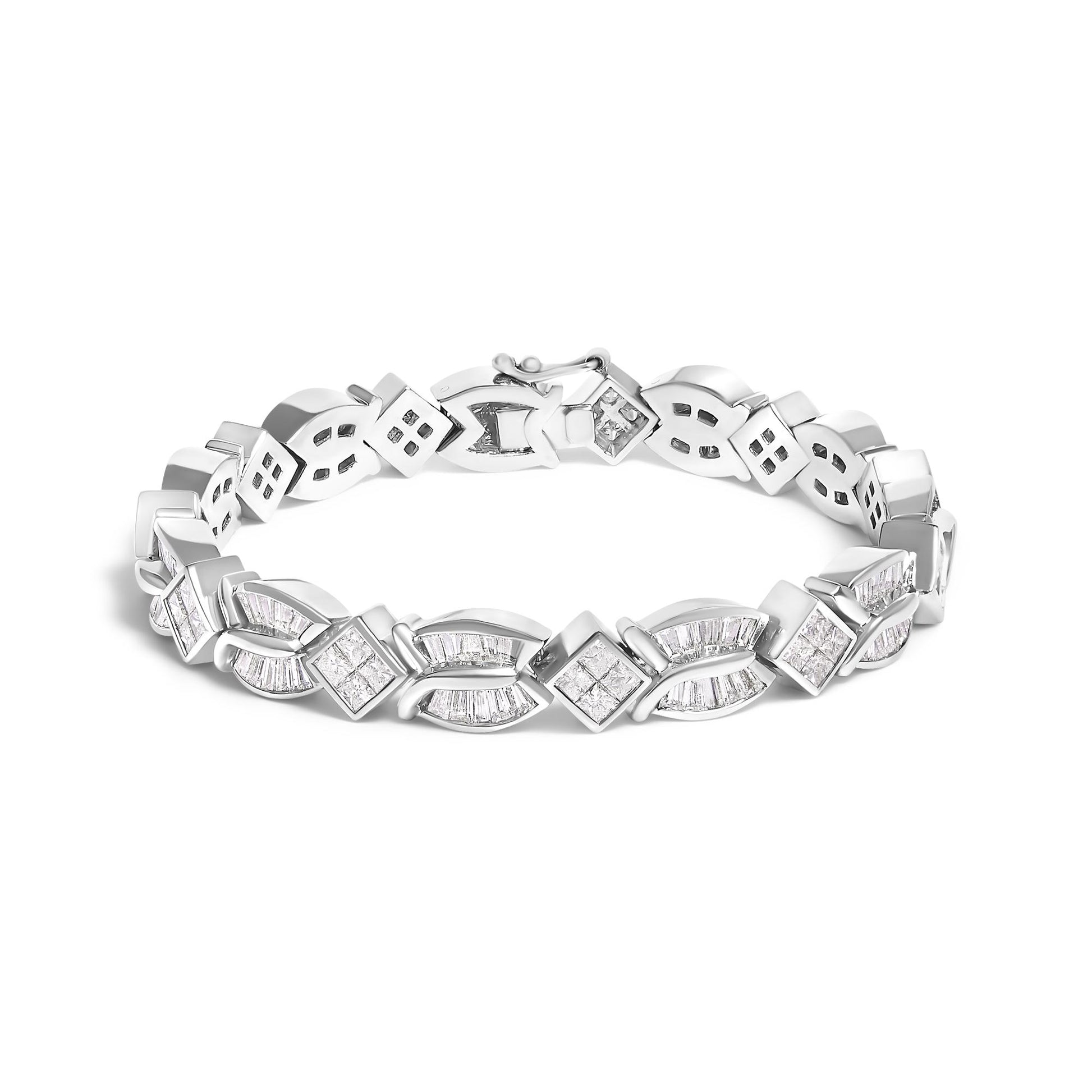 White metal bracelet with alternating marquise and square links, featuring baguette and princess-shaped white gemstones, shown from a front angle on a white background.