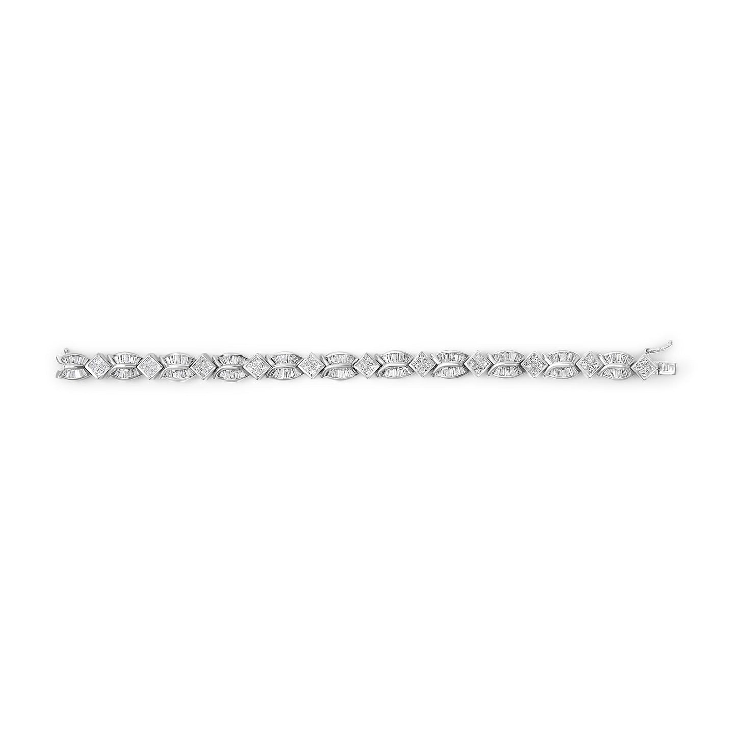 White bracelet with alternating baguette and princess shaped white gemstones in a horizontal top-down view displayed on a white background.