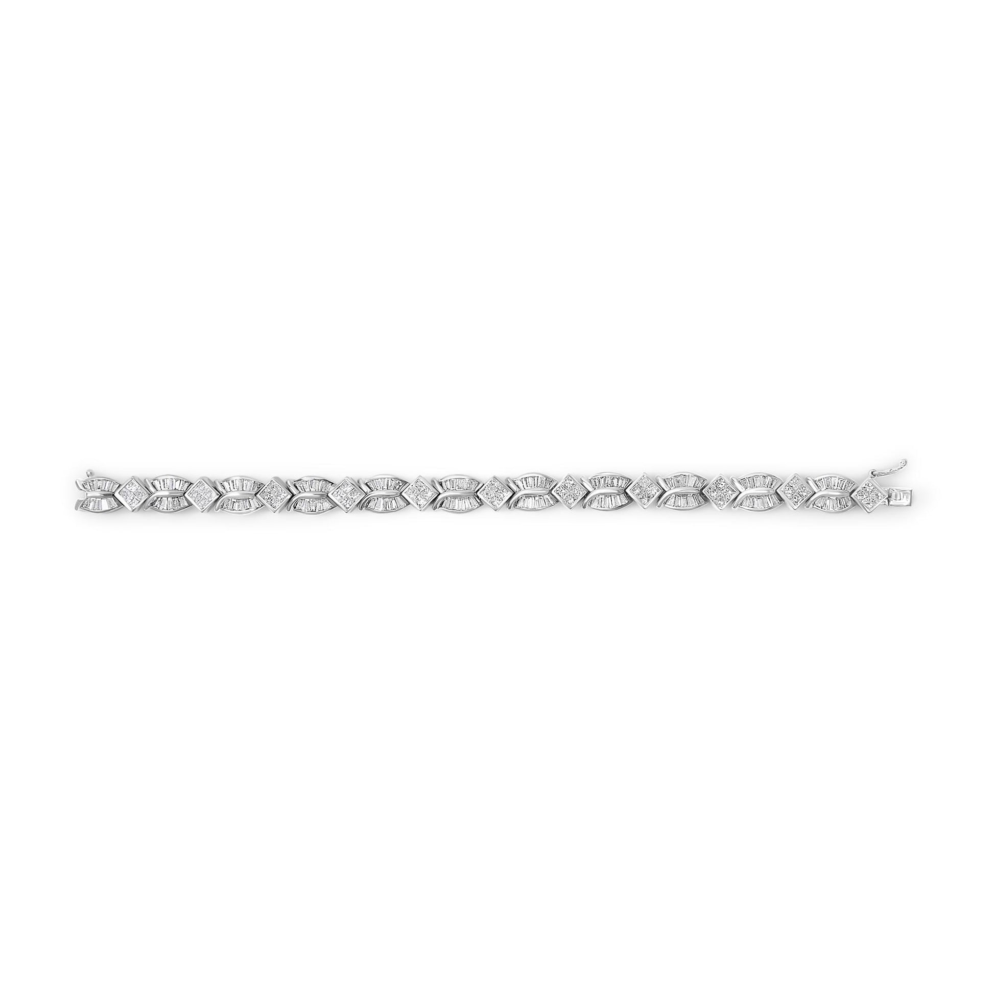 White bracelet with alternating baguette and princess shaped white gemstones in a horizontal top-down view displayed on a white background.