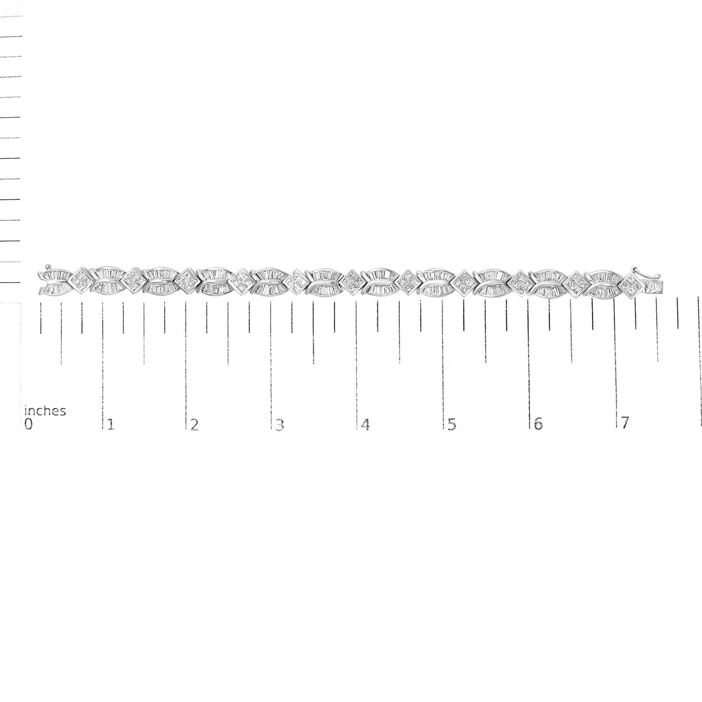 White bracelet with alternating baguette-shaped gemstones in channel setting and princess-shaped gemstones in invisible setting, displayed on a ruler scale, top-down angle.