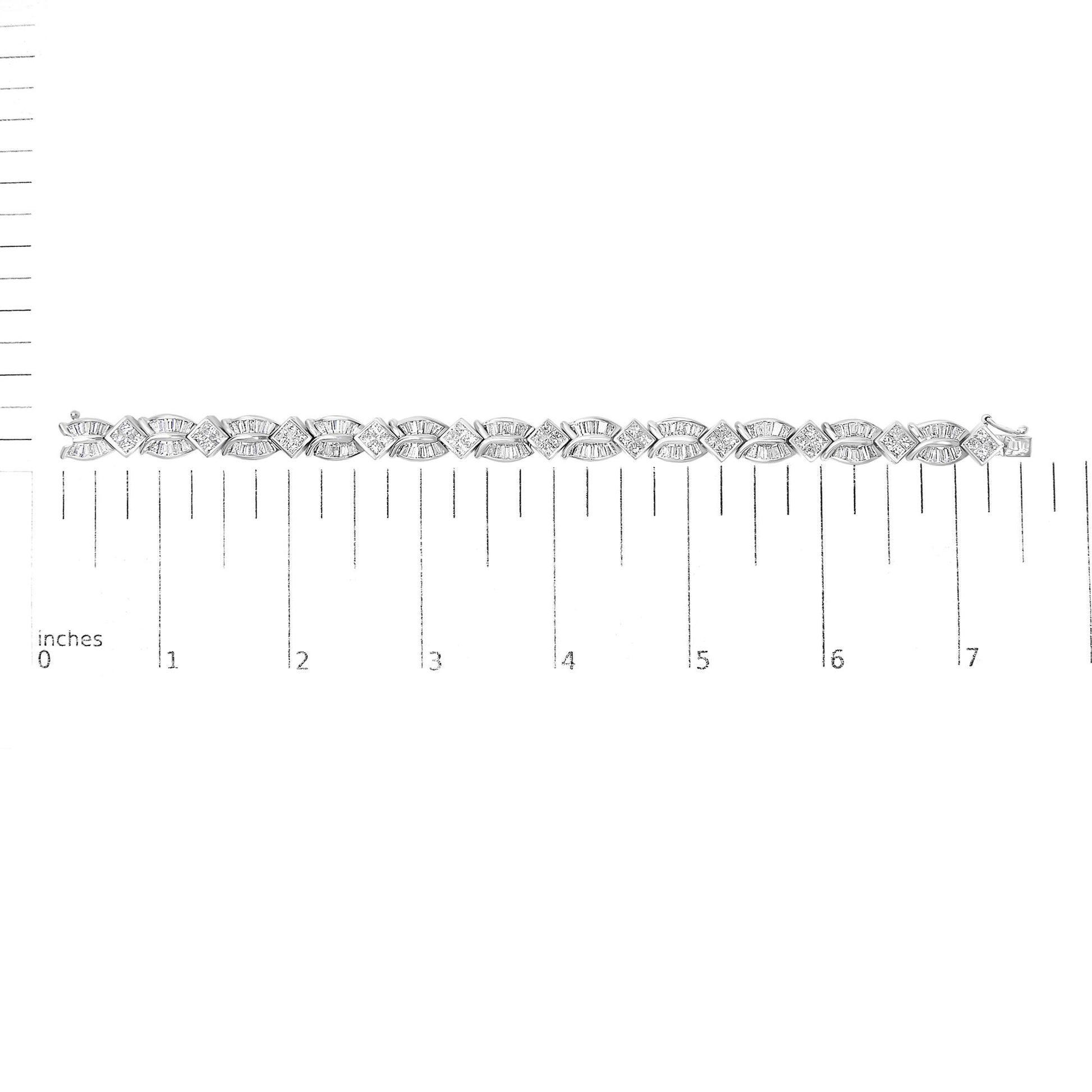 White bracelet with alternating baguette-shaped gemstones in channel setting and princess-shaped gemstones in invisible setting, displayed on a ruler scale, top-down angle.