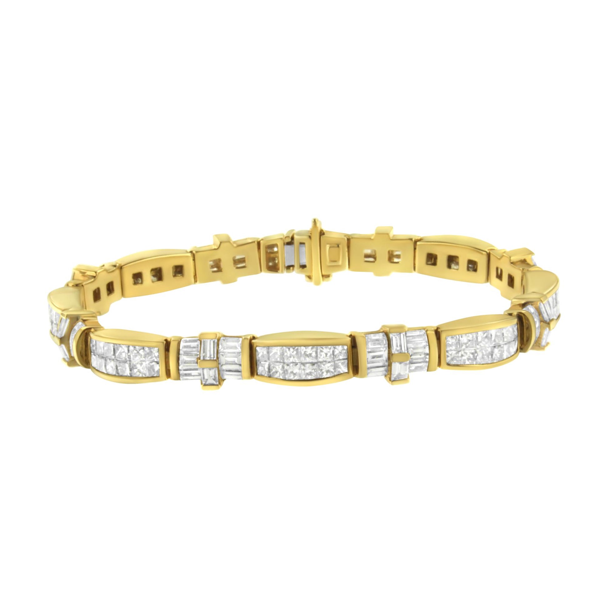Close-up front angle of a yellow metal bracelet featuring alternating sections of white gemstones in baguette shape with channel setting and princess shape with invisible setting.
