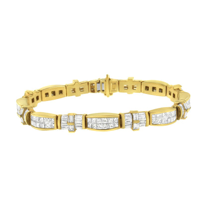 Close-up front angle of a yellow metal bracelet featuring alternating sections of white gemstones in baguette shape with channel setting and princess shape with invisible setting.