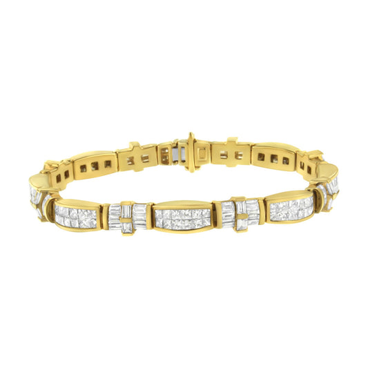 Close-up front angle of a yellow metal bracelet featuring alternating sections of white gemstones in baguette shape with channel setting and princess shape with invisible setting.
