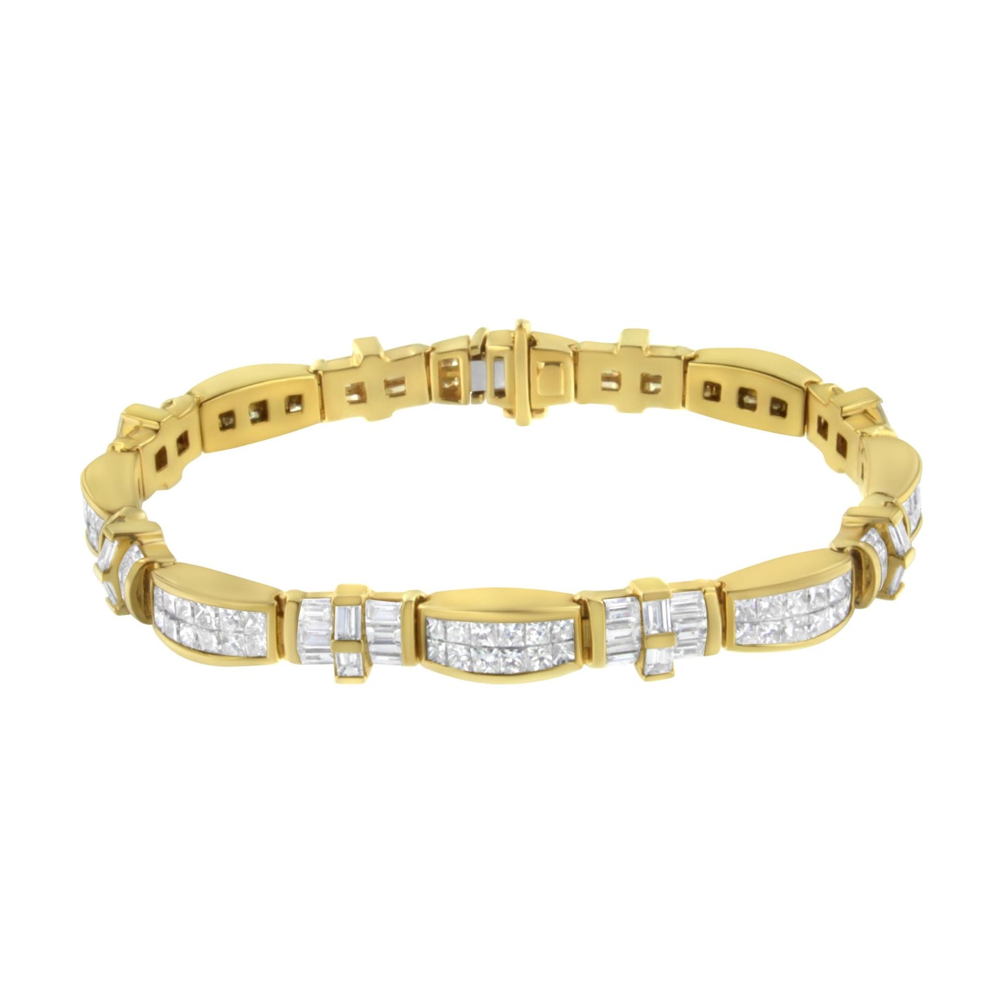Yellow metal bracelet with alternating sections of white gemstones in baguette and princess shapes, channel and invisible settings, shown in a front-facing angle.