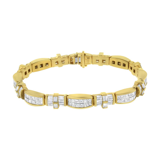 Yellow metal bracelet with alternating sections of white gemstones in baguette and princess shapes, channel and invisible settings, shown in a front-facing angle.
