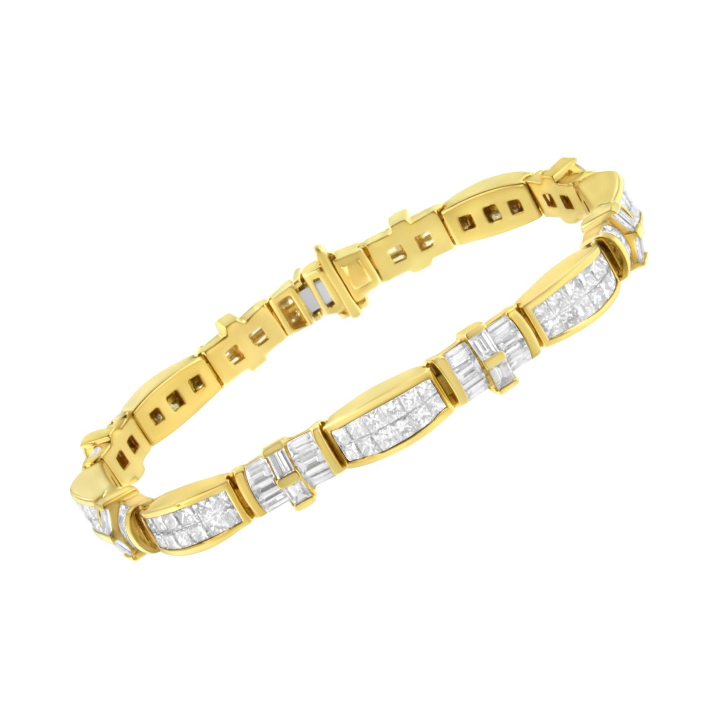 Yellow metal bracelet with white gemstones in baguette and princess shapes, shown at a slight angle.