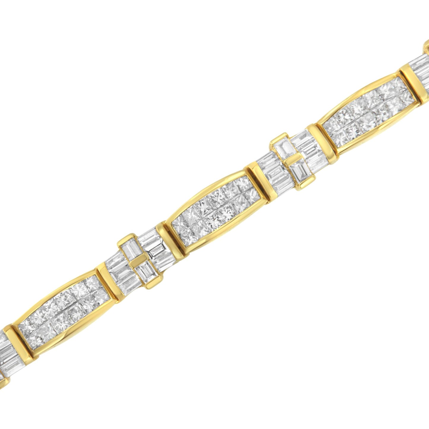 Close-up angled view of a yellow bracelet with alternating segments of white gemstones in baguette shapes in channel setting and white gemstones in princess shapes in invisible setting.