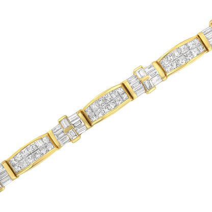 Close-up angled view of a yellow bracelet with alternating segments of white gemstones in baguette shapes in channel setting and white gemstones in princess shapes in invisible setting.
