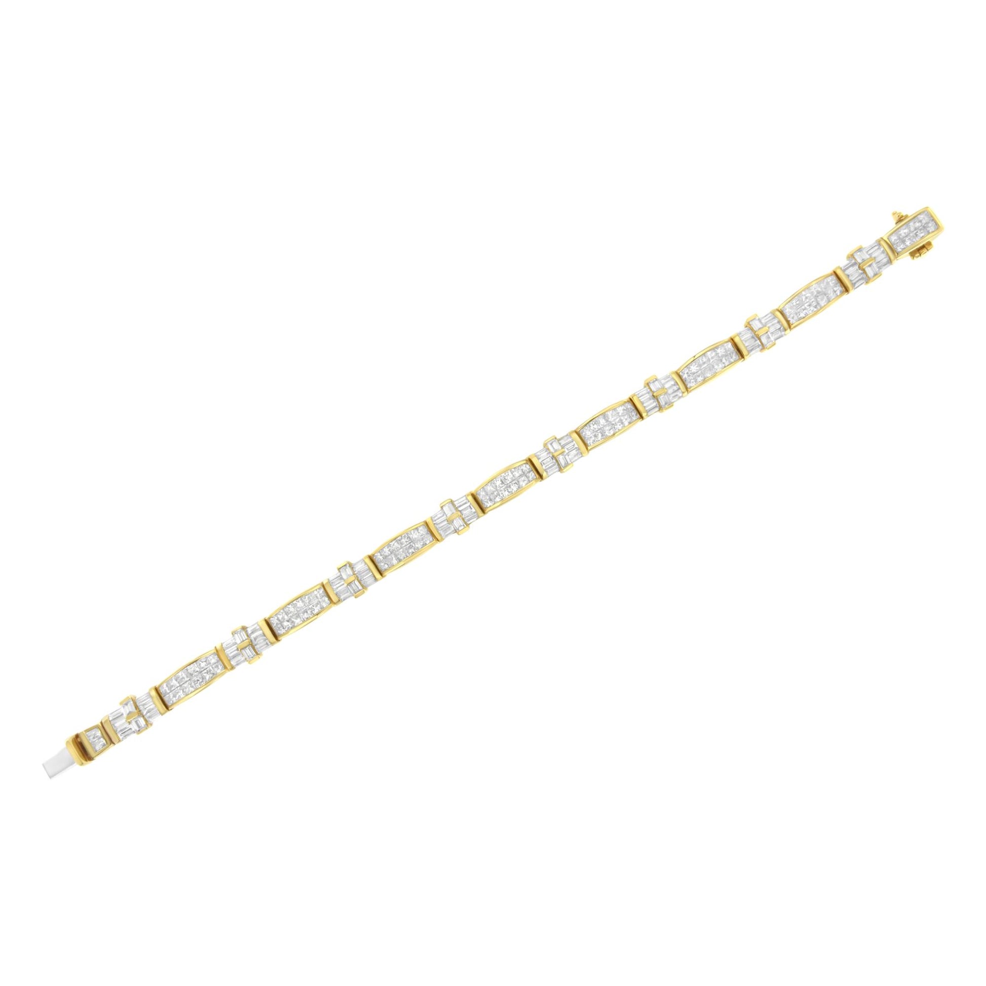 Yellow metal bracelet with alternating sections of white baguette-shaped gemstones in a channel setting and white princess-shaped gemstones in an invisible setting, shown flat on a white background from a top-down angle.