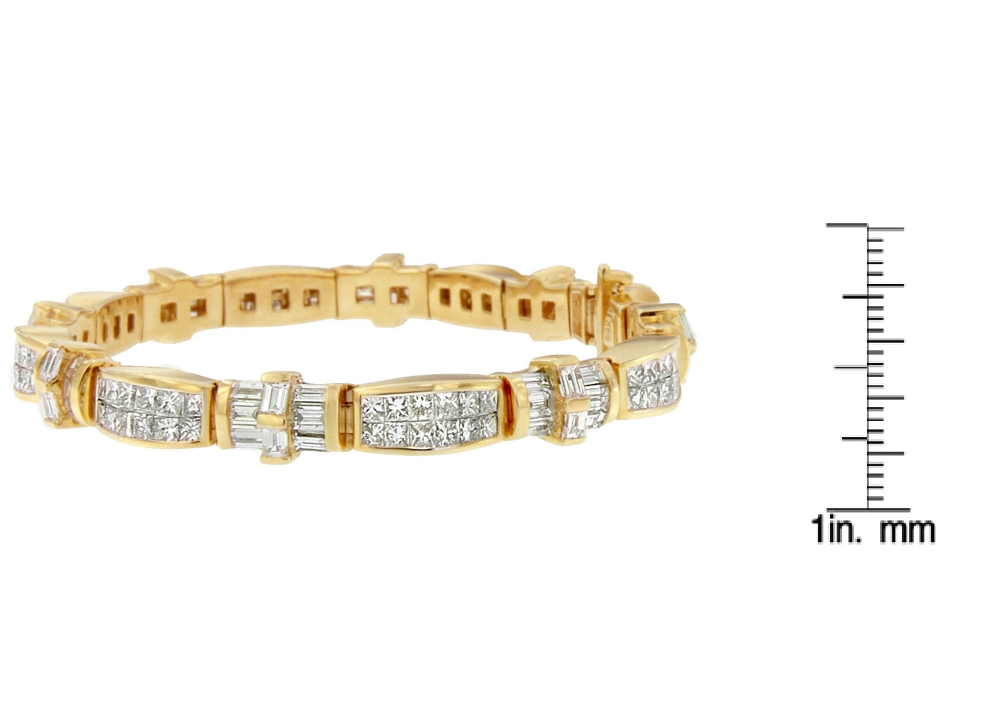 Yellow metal bracelet with white gemstones in baguette and princess shapes, viewed from a side angle, shown on a ruler for size reference.