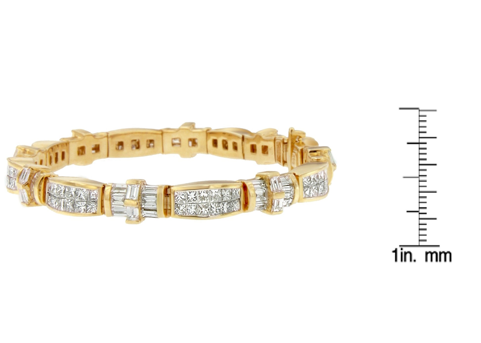 Yellow metal bracelet with white gemstones in baguette and princess shapes, viewed from a side angle, shown on a ruler for size reference.