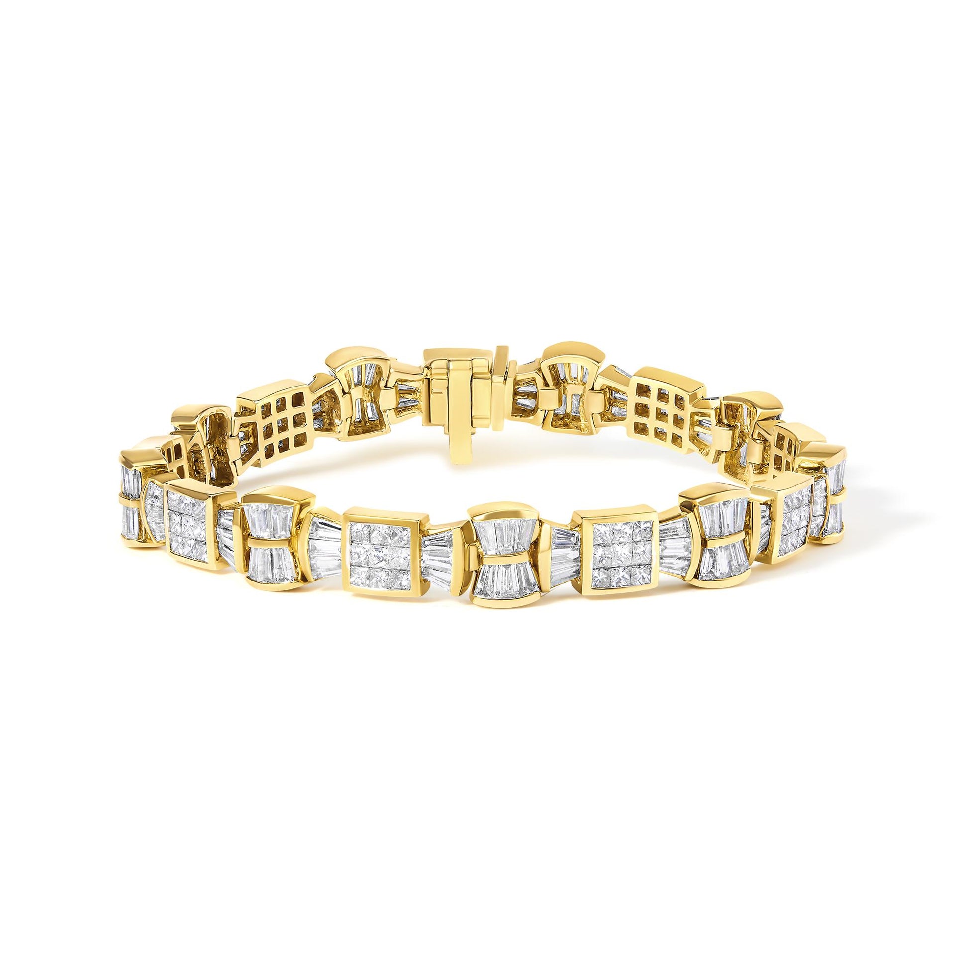 Yellow bracelet shown from a front angle with alternating sections of white baguette-shaped gemstones in channel settings and clusters of white princess-shaped gemstones in invisible settings.