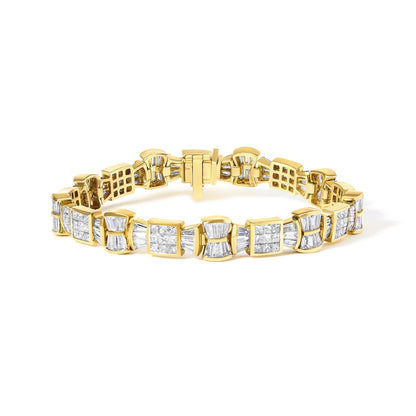 Yellow bracelet shown from a front angle with alternating sections of white baguette-shaped gemstones in channel settings and clusters of white princess-shaped gemstones in invisible settings.