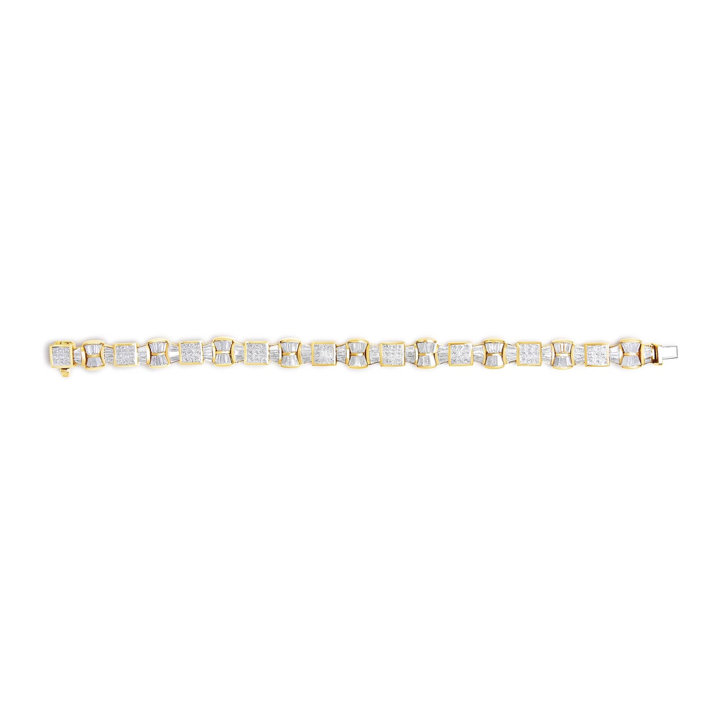 Top-down view of a yellow metal bracelet featuring alternating square sections set with white princess shape gemstones and curved sections set with white baguette shape gemstones, shown flat on a white background.