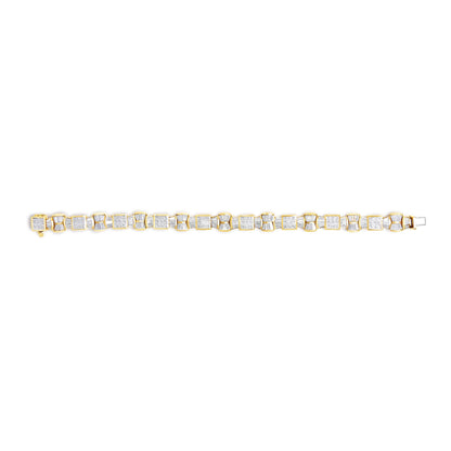 Top-down view of a yellow metal bracelet featuring alternating square sections set with white princess shape gemstones and curved sections set with white baguette shape gemstones, shown flat on a white background.